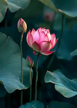 Pink Lotus Flower with Buds