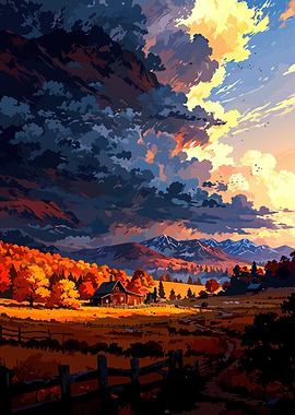 Autumn Landscape with House and Mountains