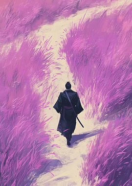 Samurai walking through field of flowers