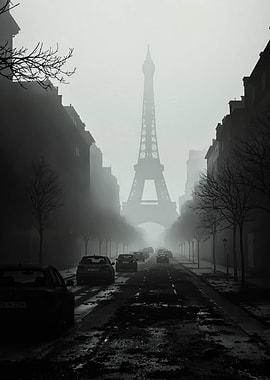 Eiffel Tower in Foggy Paris Street