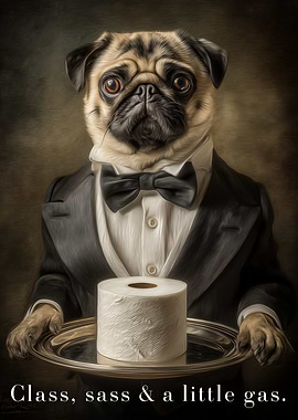 Pug Butler with Toilet Paper - Funny Pug with Toilet Roll Bathroom Poster