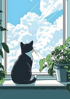 Cat Looking Out Window Illustration