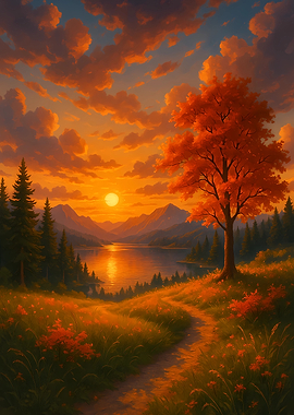 Autumn Sunset Landscape Painting