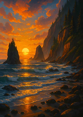 Coastal Sunset with Cliffs and Waves