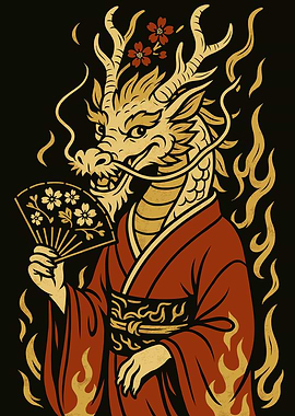 Dragon in Kimono with Fan