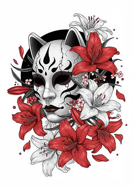 Kitsune Mask with Red and White Lilies
