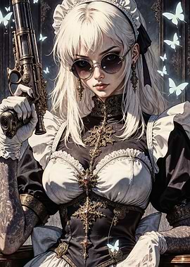 Anime Girl with Gun and Butterflies