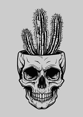 Skull Planter with Cactus Illustration