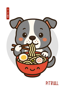 Cute Kawaii Pitbull Eating Ramen Cartoon Illustration