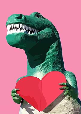 Dinosaur Holding Heart on Pink Background