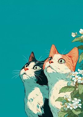 Two Cats Gazing Upward with Flowers