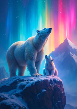 Polar Bears Under Aurora Borealis