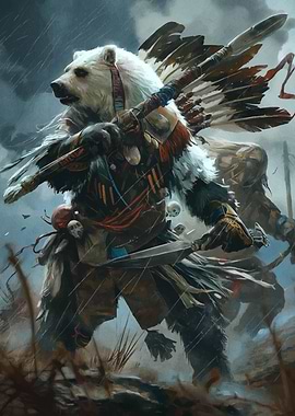 Bear Warrior in Stormy Landscape