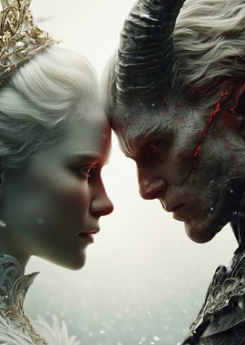 Angel and Demon Standoff: Light vs Dark Fantasy Portrait with Crowned Horns
