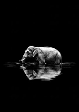 Elephant in Water Black and White