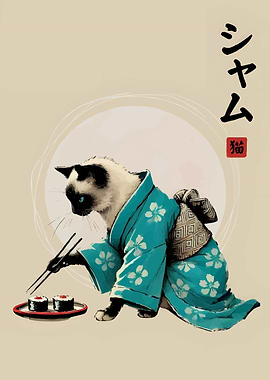 Siamese Cat in Kimono Eating Sushi