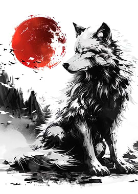 Wolf and Red Moon Digital Art
