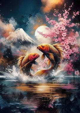 Koi Fish and Cherry Blossoms Painting