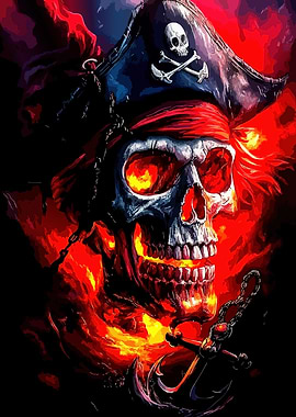 Fiery Pirate Skull with Anchor