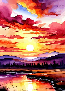 Watercolor Sunset Landscape