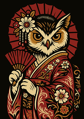 Owl Geisha with Fan and Kimono