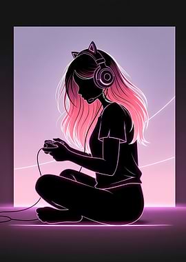 Minimalist Gamer Girl Silhouette Art – Cat Ear Headphones, Neon Pink and Purple Gaming Poster