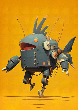 Mechanical Fish Robot on Yellow Background