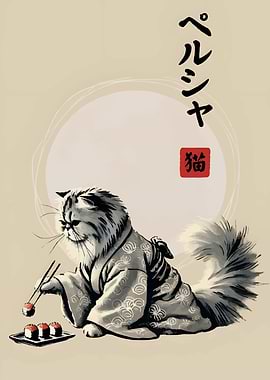 Cat in Kimono Eating Sushi