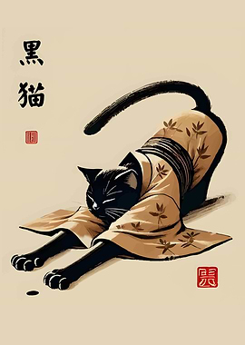 Black Cat Stretching in Kimono
