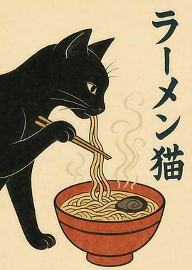 Ramen Cat Slurping Noodles with Chopsticks in Japanese Style