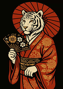 Tiger Geisha with Fan and Parasol