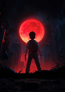 Boy under a red moon