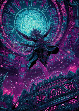 Mystical Figure in Cyberpunk Cityscape