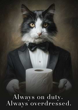 Tuxedo Cat Butler with Toilet Paper – Funny Elegant Bathroom Wall Art