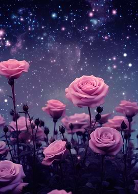 Pink Roses Under Starry Night Sky