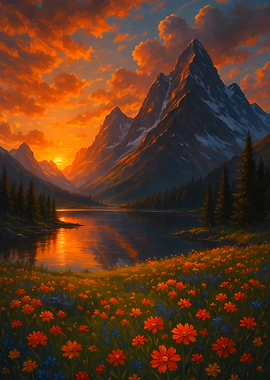 Mountain Lake Sunset with Wildflowers