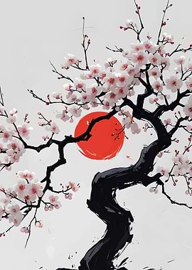 Cherry Blossom Tree with Red Sun