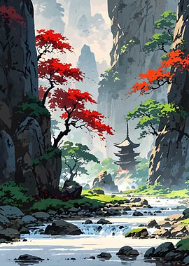 Japanese Landscape with Pagoda and River