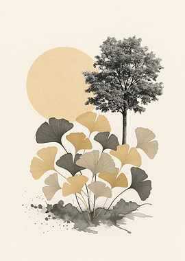 Ginkgo Leaves and Tree Illustration