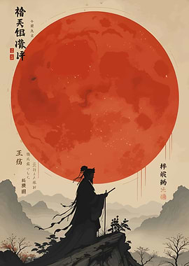 Silhouette Warrior Under Red Moon