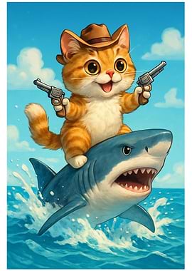 Cowboy Cat Riding Shark with Guns
