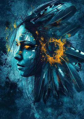 Native American Woman Portrait with Feathers