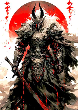Samurai Warrior with Red Moon