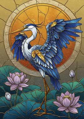 Blue Heron and Lotus Flowers Art