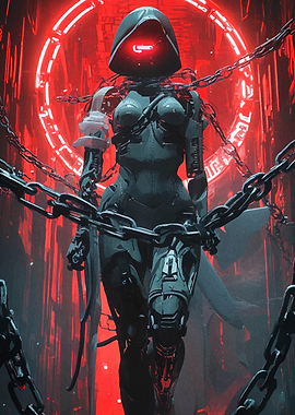 Cybernetic Figure with Chains and Red Glow