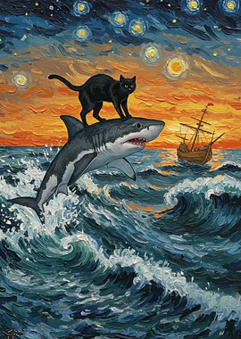 Black Cat Shark Ride Painting