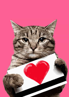 Cat Holding Heart Card on Pink