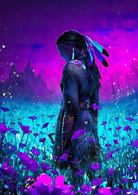 Native American Woman in Floral Field