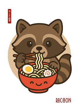 Cute Kawaii Raccoon Eating Ramen Illustration