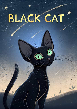 Black Cat Stargazing Illustration